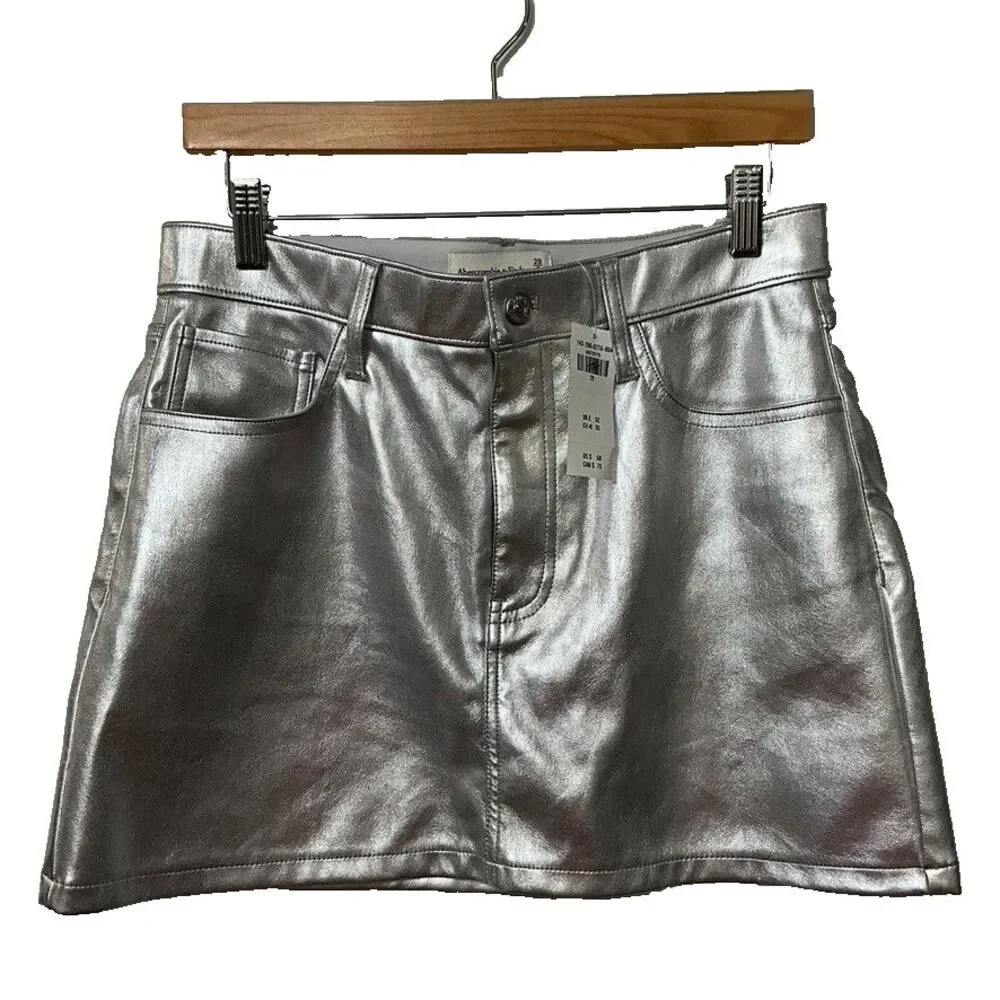 Abercrombie & Fitch Silver Vegan Leather 5 Pocket Metallic Mini Skirt 29 NWT